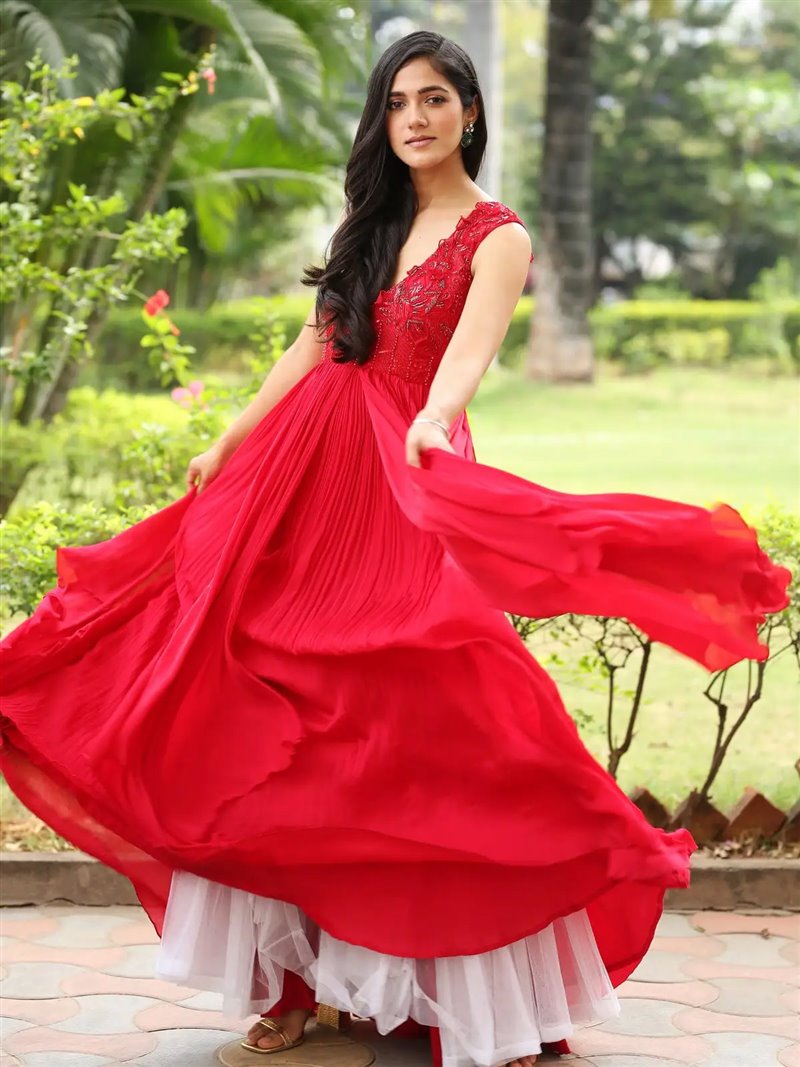 Telugu Actress Simran Choudhary in Red Dress at Atharva Movie Press Meet